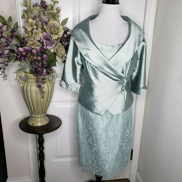 Social Occasions by Mon Cheri Two-Piece Aqua Dress & Jacket Size 10 - Picture 1 of 14